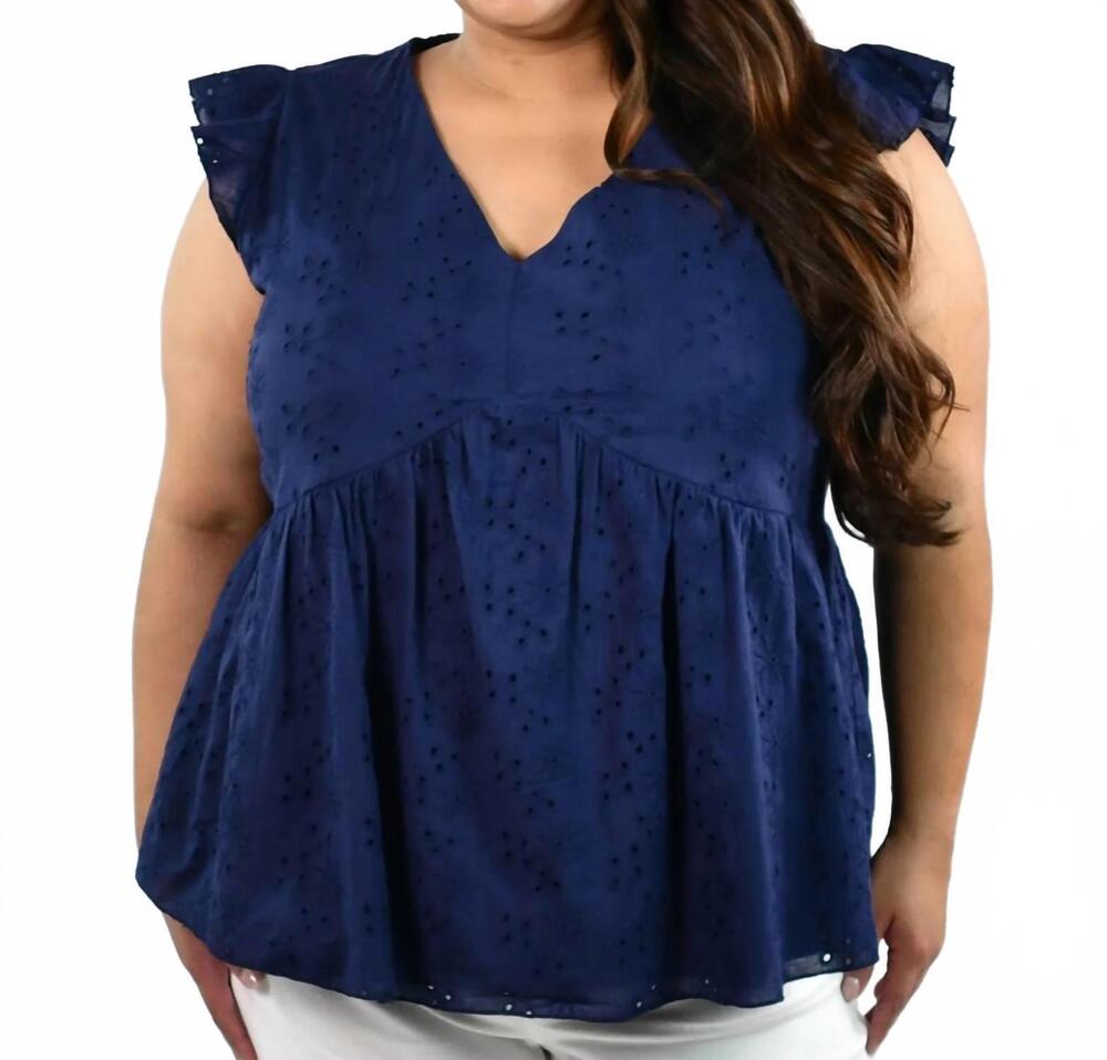 NEW ANDREE BY UNIT embroidered v-neck top - plus in navy